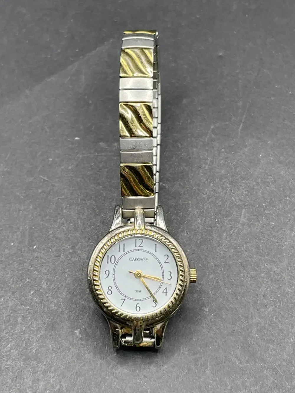 Vintage Carriage 30M Timex Watch Women Gold Tone Stretch Band Two Tone 24mm